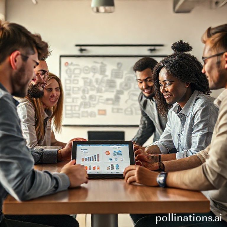 A diverse group of young entrepreneurs collaborating around a table, looking at a tablet with graphs and social media icons, in a modern, brightly lit co-working space. They are discussing content strategies, with a whiteboard in the background showing ideas and flowcharts. The mood is collaborative and innovative, with warm natural light, cinematic atmosphere, ultra realistic, highly detailed, 8k quality, photorealistic