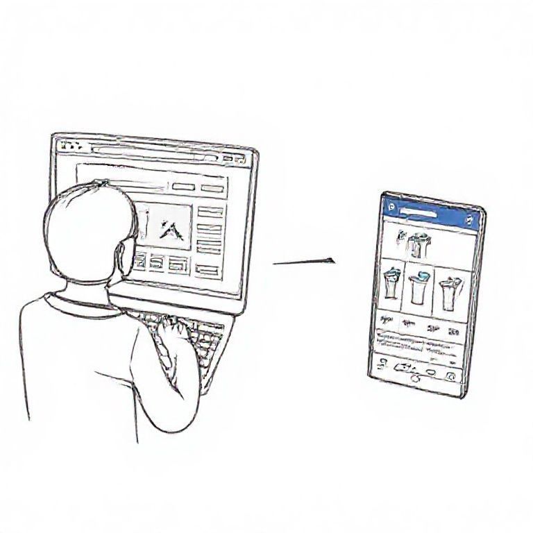 Illustration of retargeting ads showing a user browsing a website and then seeing the same products in a Facebook ad
