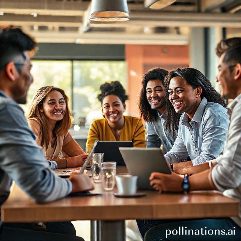 A diverse group of young Hispanic entrepreneurs collaborating in a modern, brightly lit co-working space, smiling and engaged in discussion around a table with laptops and coffee. The atmosphere is vibrant and inspiring, showcasing cultural diversity and innovation in a digital business context, warm natural lighting, cinematic atmosphere, ultra realistic, highly detailed, 8k quality, photorealistic