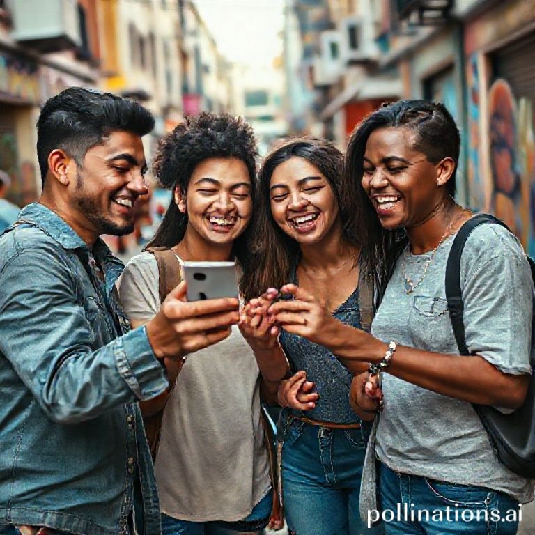 A diverse group of young Hispanic people laughing and looking at a smartphone together, sharing a video on a vibrant, colorful city street with street art in the background. The scene is lively and authentic, capturing joy and connection, with soft natural light, cinematic, ultra realistic, highly detailed, 8k quality, photorealistic, showcasing modern marketing engagement.